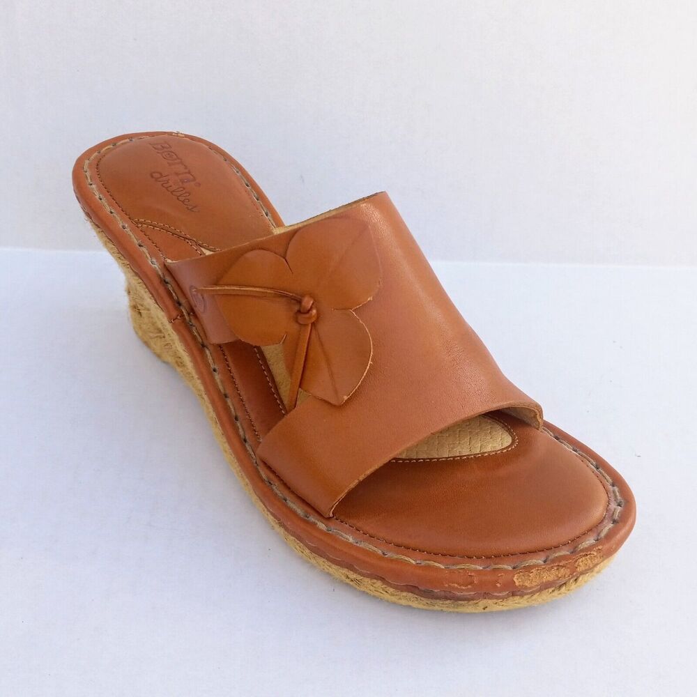 Born Drilles Leather Wedge Sandals-Size 8-Flower-Jute Covered Heel-Boho-Open Toe